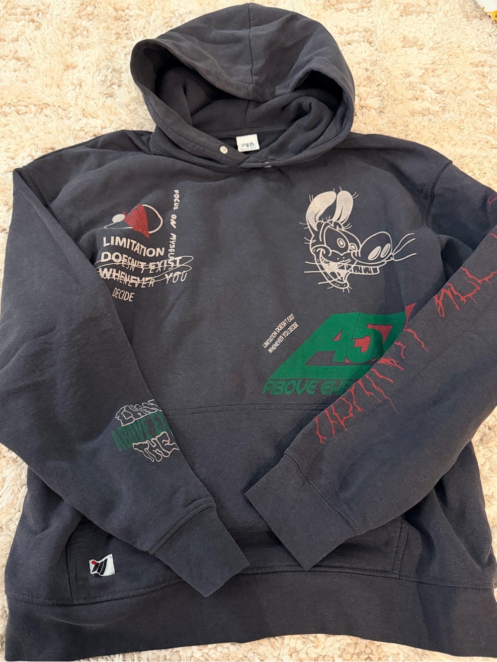 Zara Black Hoodie with Green and Red Graphics